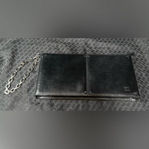 DKNY City Black Faux Leather Clutch Wristlet With Silvertone Chain Strap